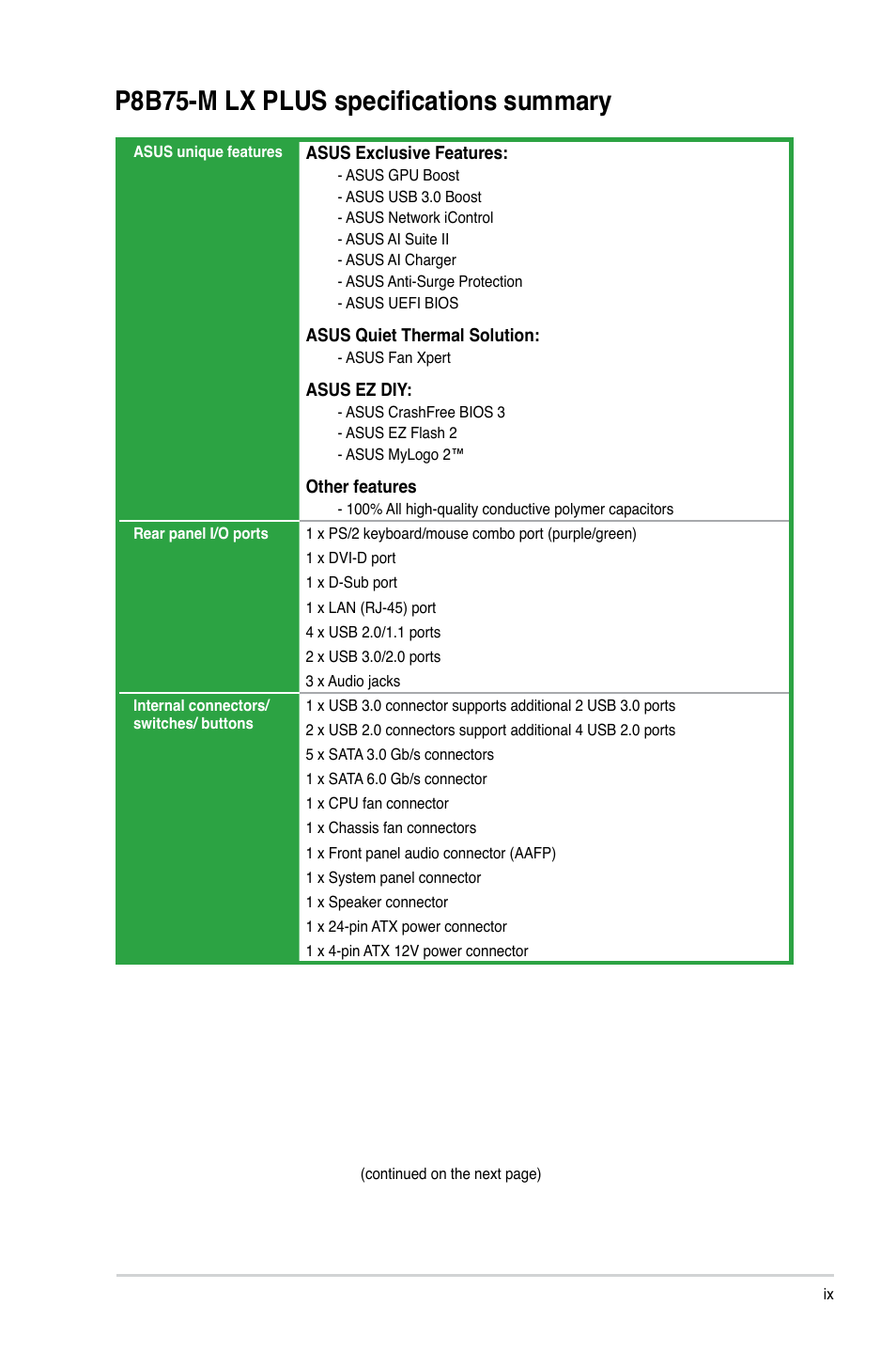 P8b75-m lx plus specifications summary | Asus P8B75-M LX PLUS User Manual | Page 9 / 82