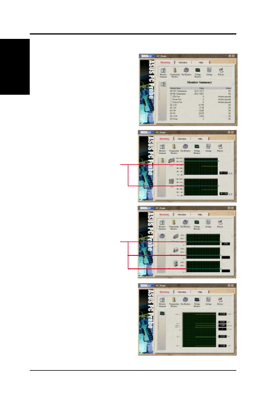 Software reference, 2 using asus pc probe, Monitoring | Asus E500-CS User Manual | Page 82 / 98