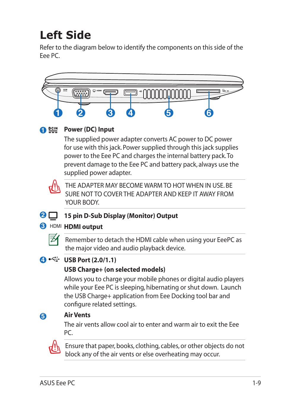 Left side | Asus Eee PC 1215T User Manual | Page 17 / 62