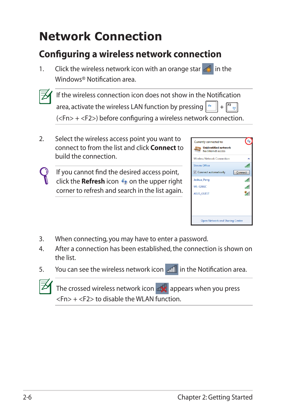 Network connection, Configuring a wireless network connection | Asus Eee PC 1215T User Manual | Page 28 / 62