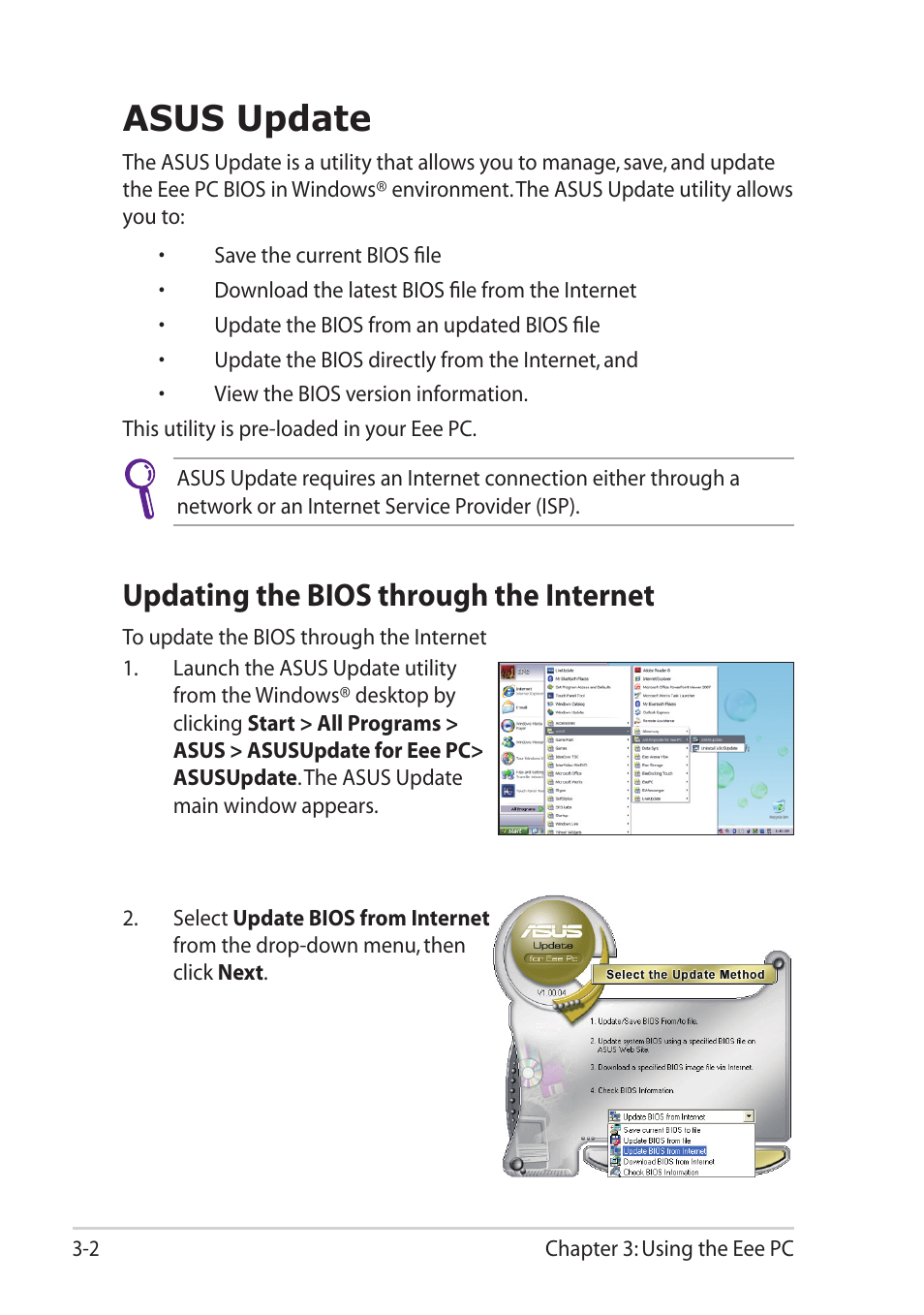 Asus update, Updating the bios through the internet | Asus Eee PC 1215T User Manual | Page 34 / 62