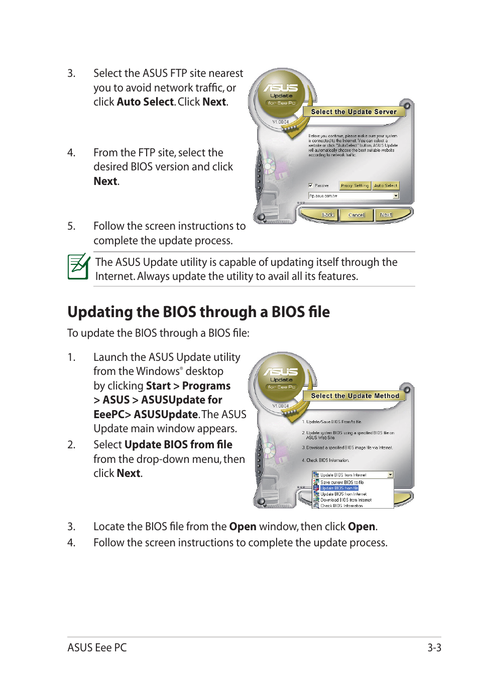 Updating the bios through a bios file | Asus Eee PC 1215T User Manual | Page 35 / 62