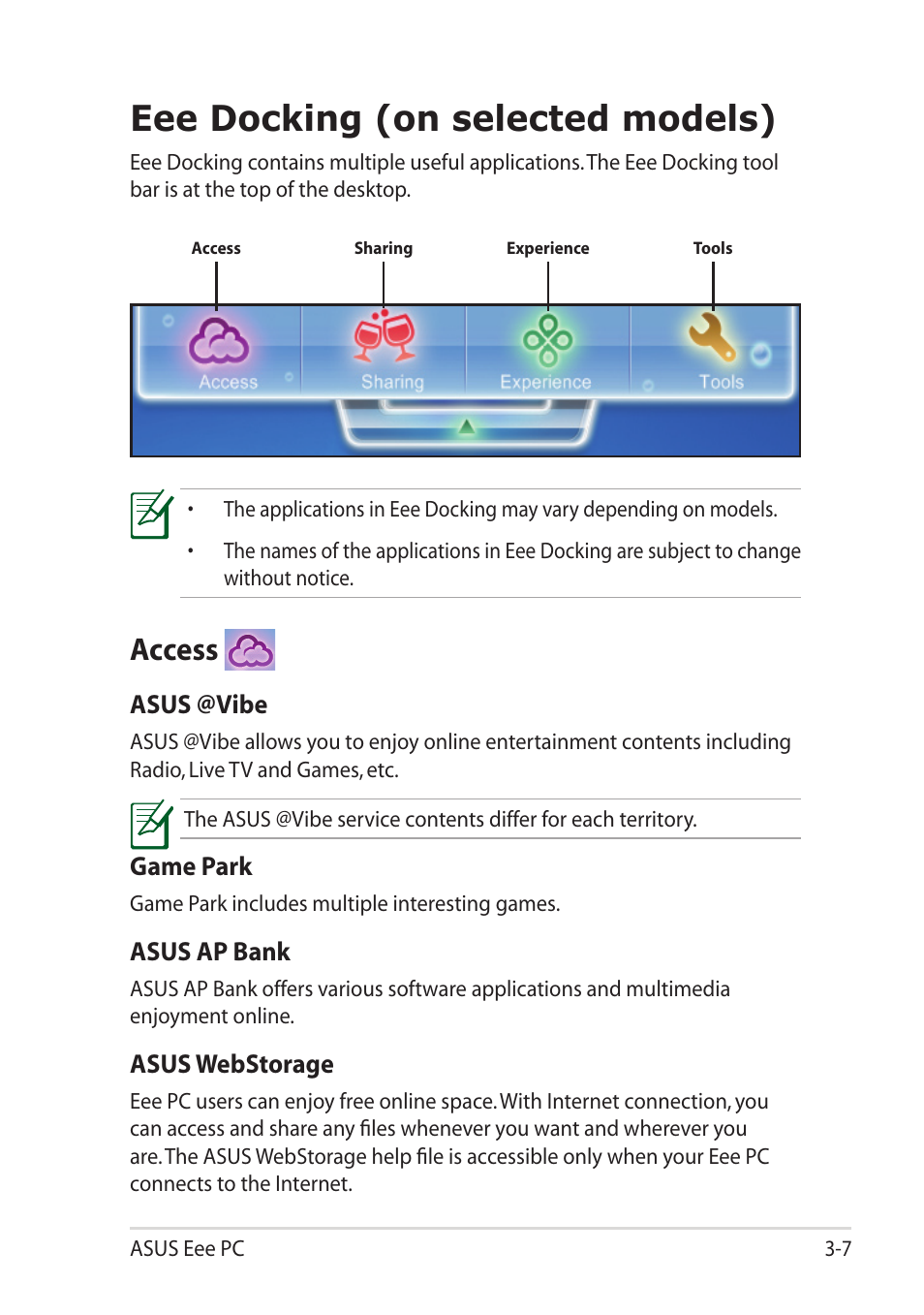 Eee docking (on selected models), Access | Asus Eee PC 1215T User Manual | Page 39 / 62