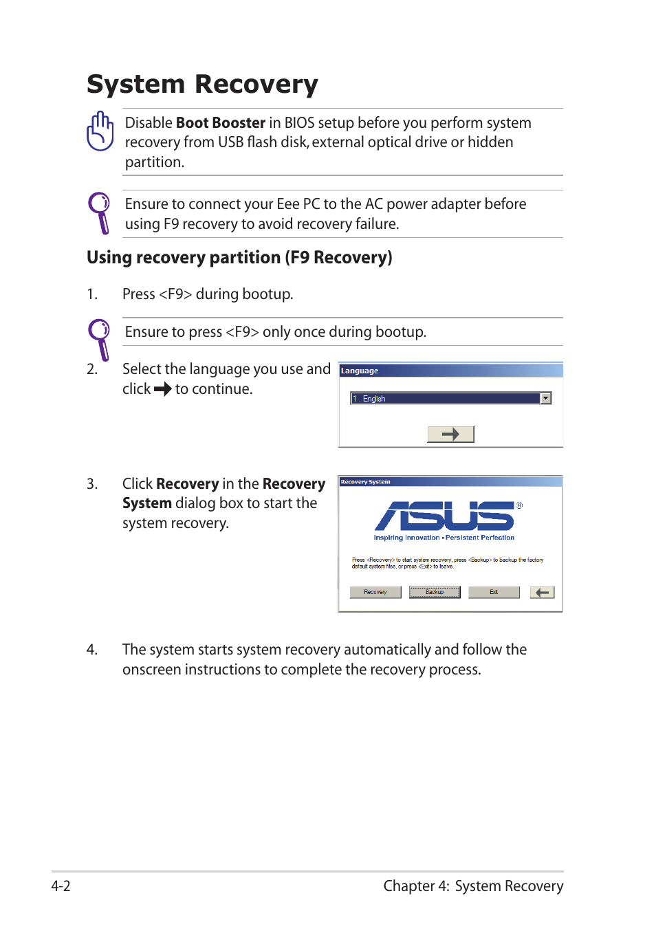 System recovery | Asus Eee PC 1215T User Manual | Page 44 / 62