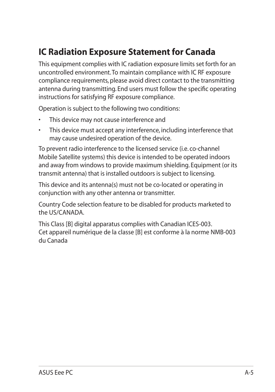 Ic radiation exposure statement for canada | Asus Eee PC 1215T User Manual | Page 53 / 62