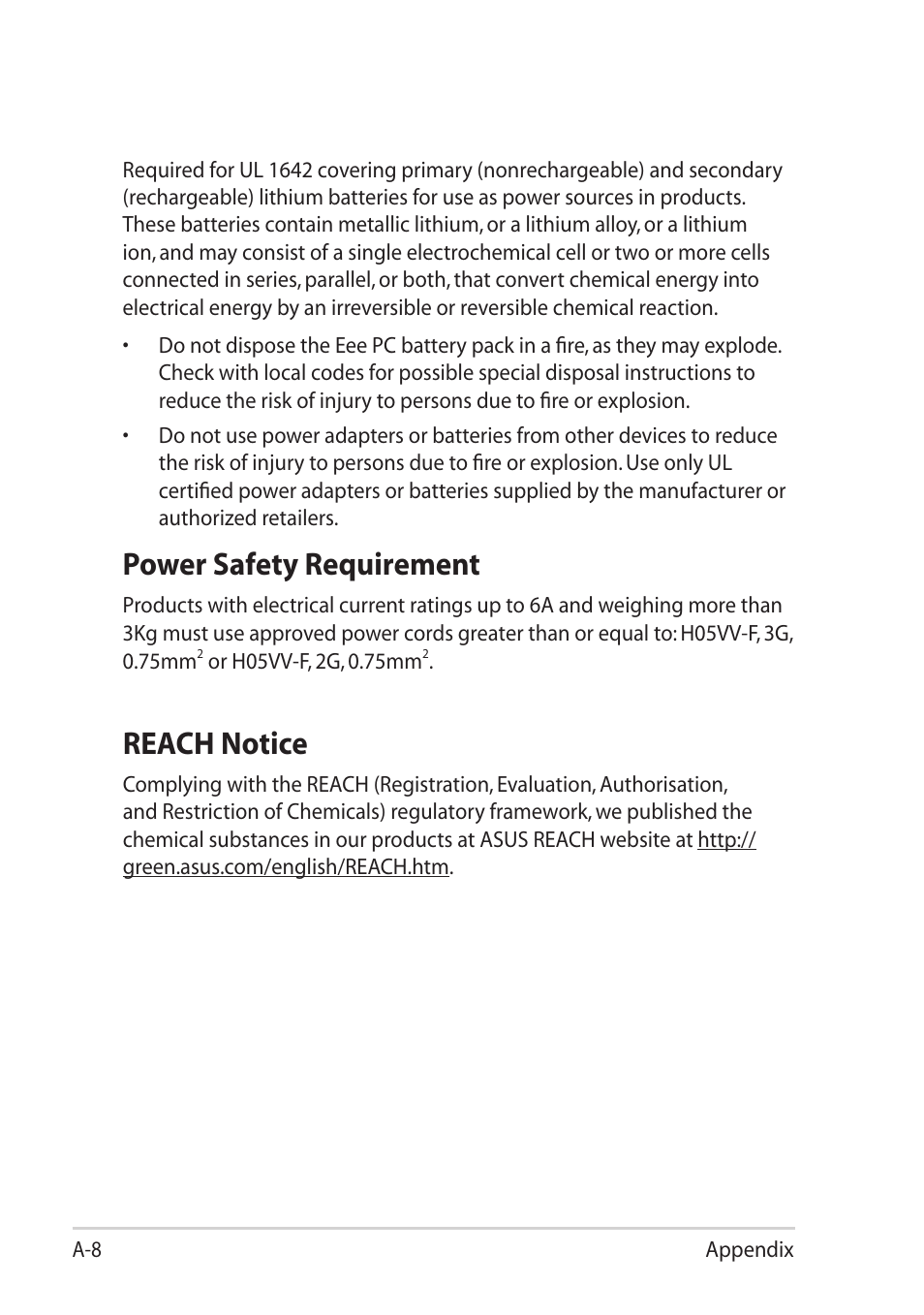 Reach notice, Power safety requirement | Asus Eee PC 1215T User Manual | Page 56 / 62