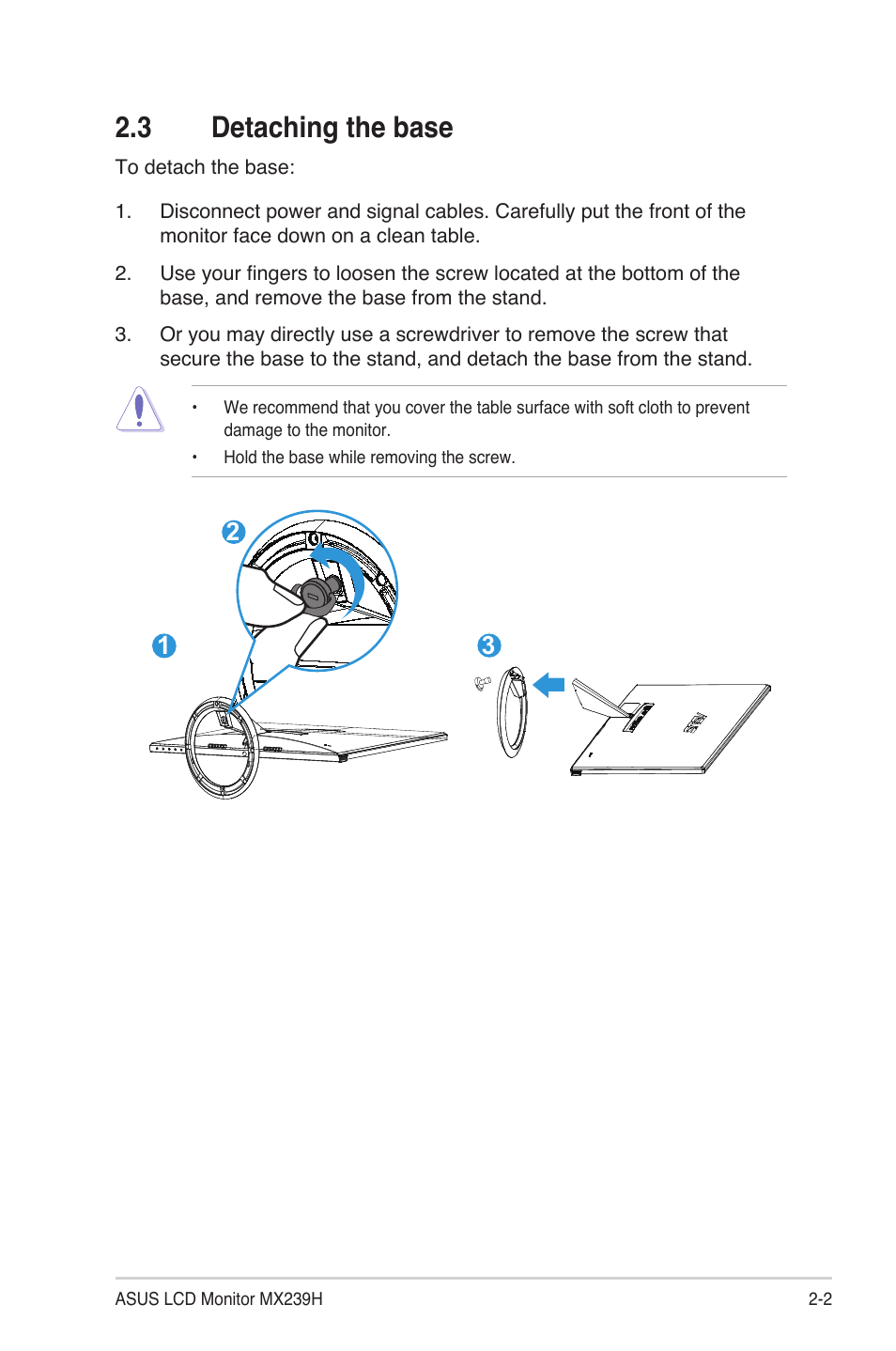 3 detaching the base, Detaching.the.base -2, Detaching.the.base | Asus MX239HR User Manual | Page 13 / 22