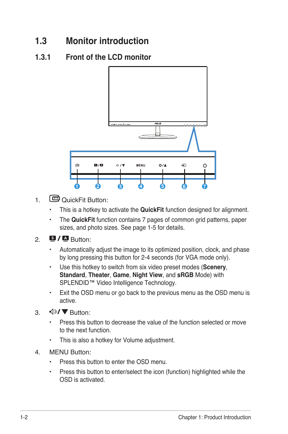 3 monitor introduction, 1 front of the lcd monitor, Monitor.introduction -2 | Front of the lcd monitor -2, Monitor.introduction, Front.of.the.lcd.monitor | Asus MX239HR User Manual | Page 8 / 22