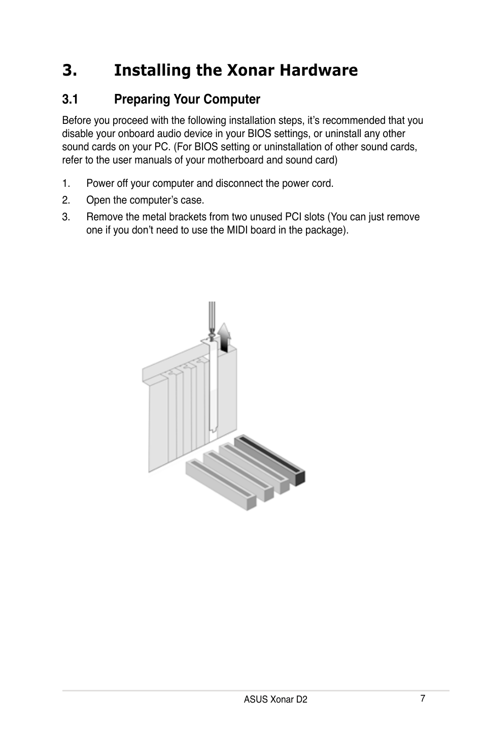 Installing the xonar hardware, 1 preparing your computer, Installing the xonar hardware 3.1 | Preparing your computer | Asus Xonar D2X User Manual | Page 13 / 84