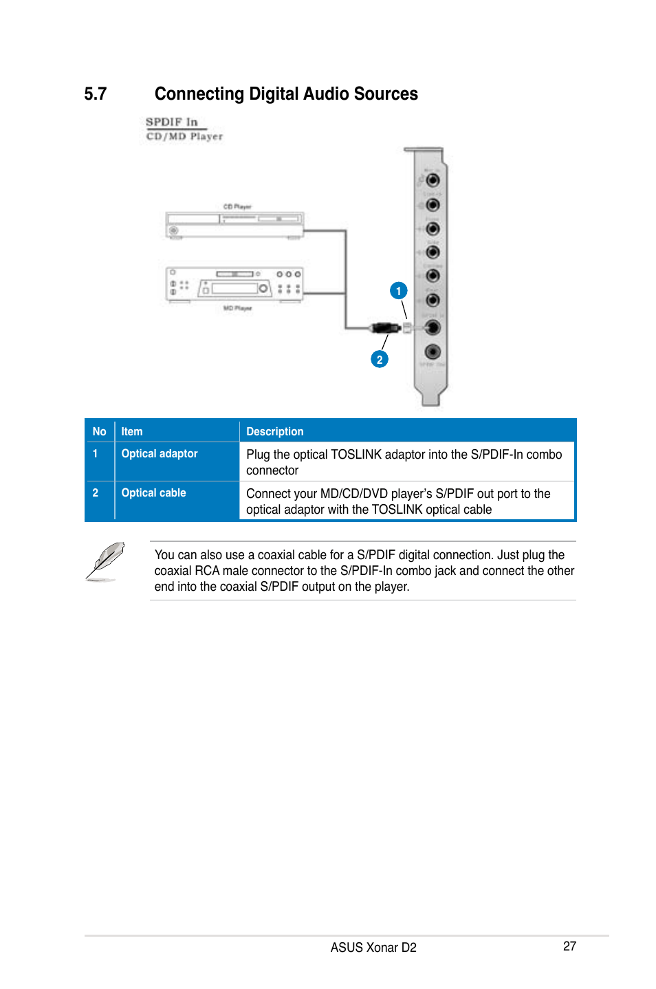 7 connecting digital audio sources, Connecting digital audio sources | Asus Xonar D2X User Manual | Page 33 / 84