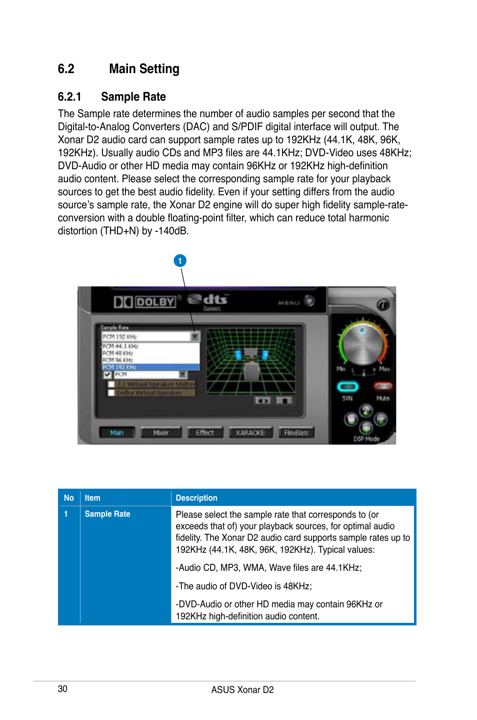 2 main setting, Main setting, 1 sample rate | Asus Xonar D2X User Manual | Page 36 / 84