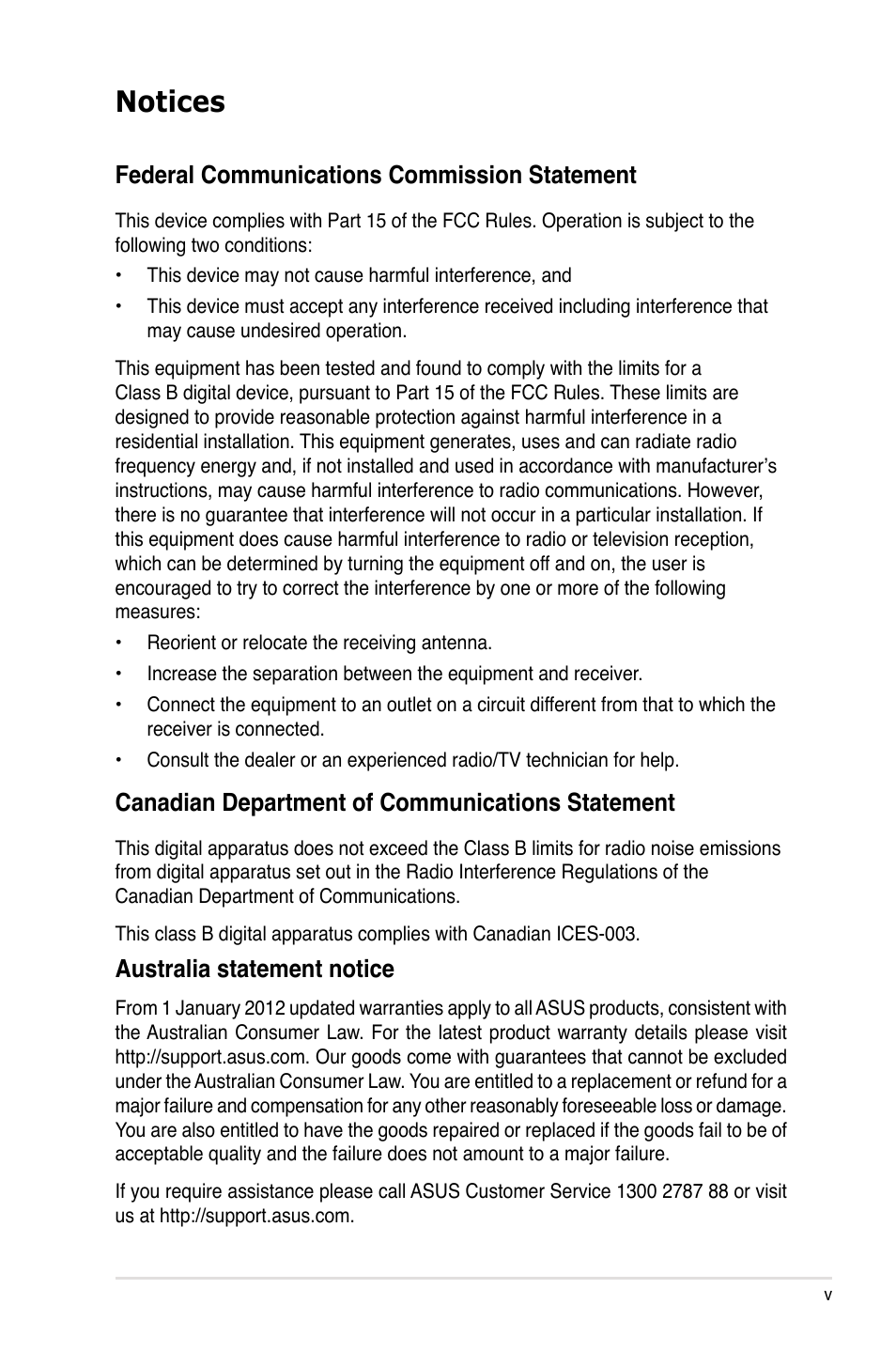 Notices, Federal communications commission statement, Canadian department of communications statement | Australia statement notice | Asus Xonar D2X User Manual | Page 5 / 84