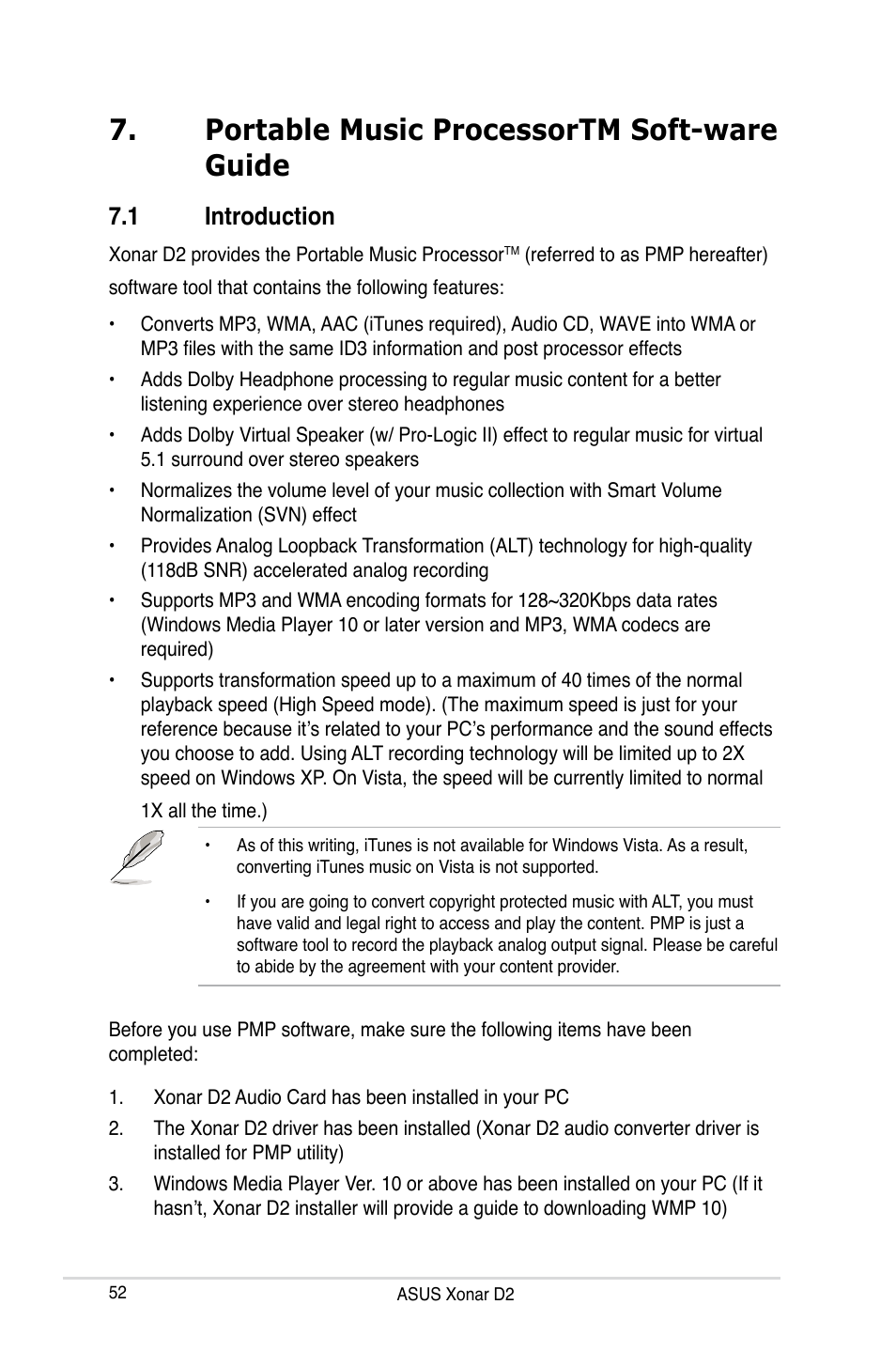 Portable music processortm soft-ware guide, 1 introduction, Portable music processortm soft-ware guide 7.1 | Introduction | Asus Xonar D2X User Manual | Page 58 / 84