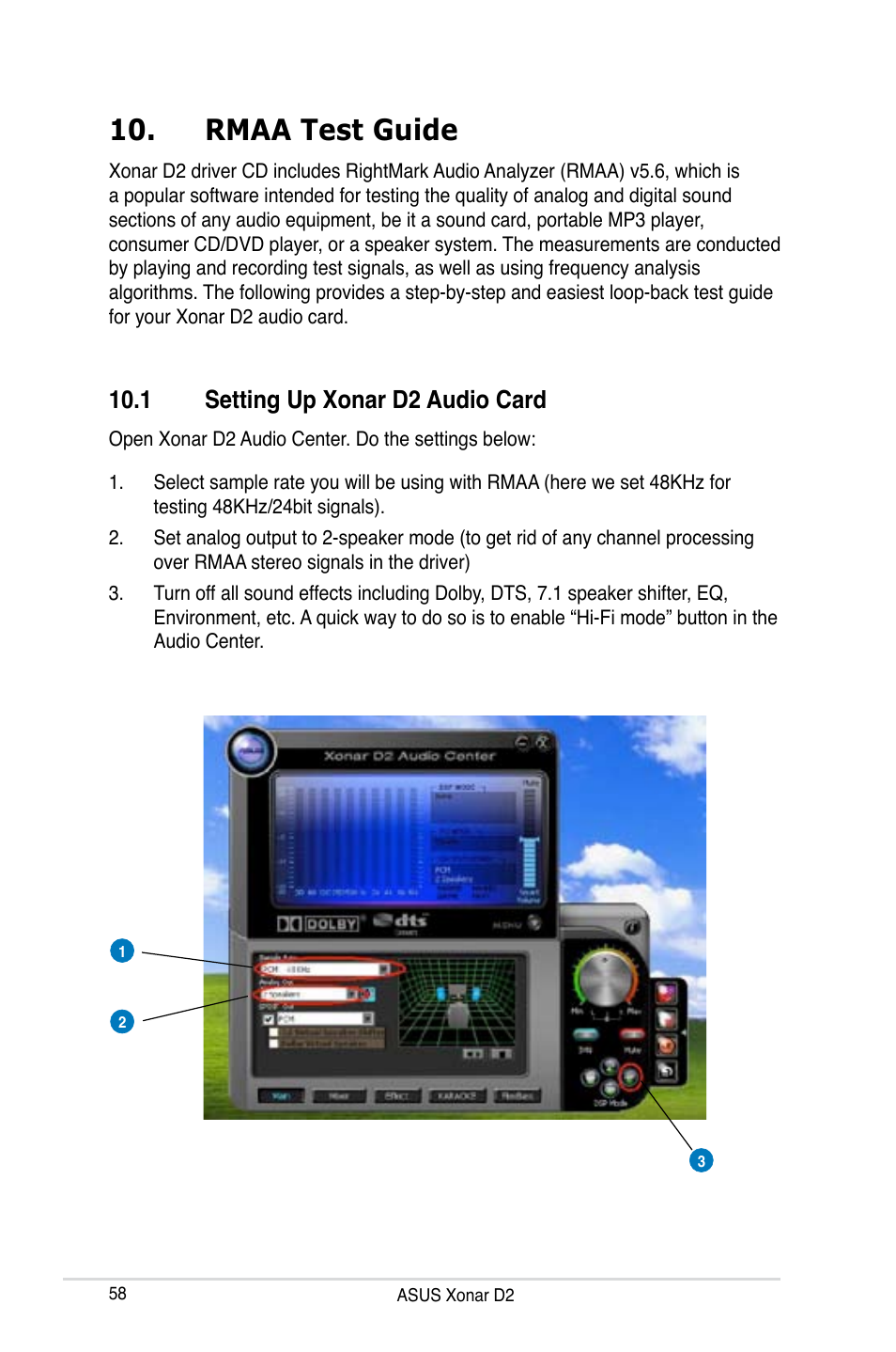 Rmaa test guide, 1 setting up xonar d2 audio card, Rmaa test guide 10.1 | Setting up xonar d2 audio card | Asus Xonar D2X User Manual | Page 64 / 84