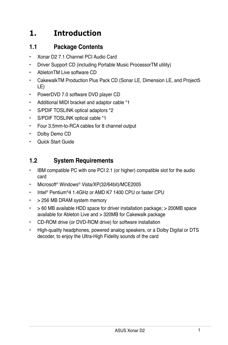 Introduction, 1 package contents, 2 system requirements | Introduction 1.1, Package contents, System requirements | Asus Xonar D2X User Manual | Page 7 / 84