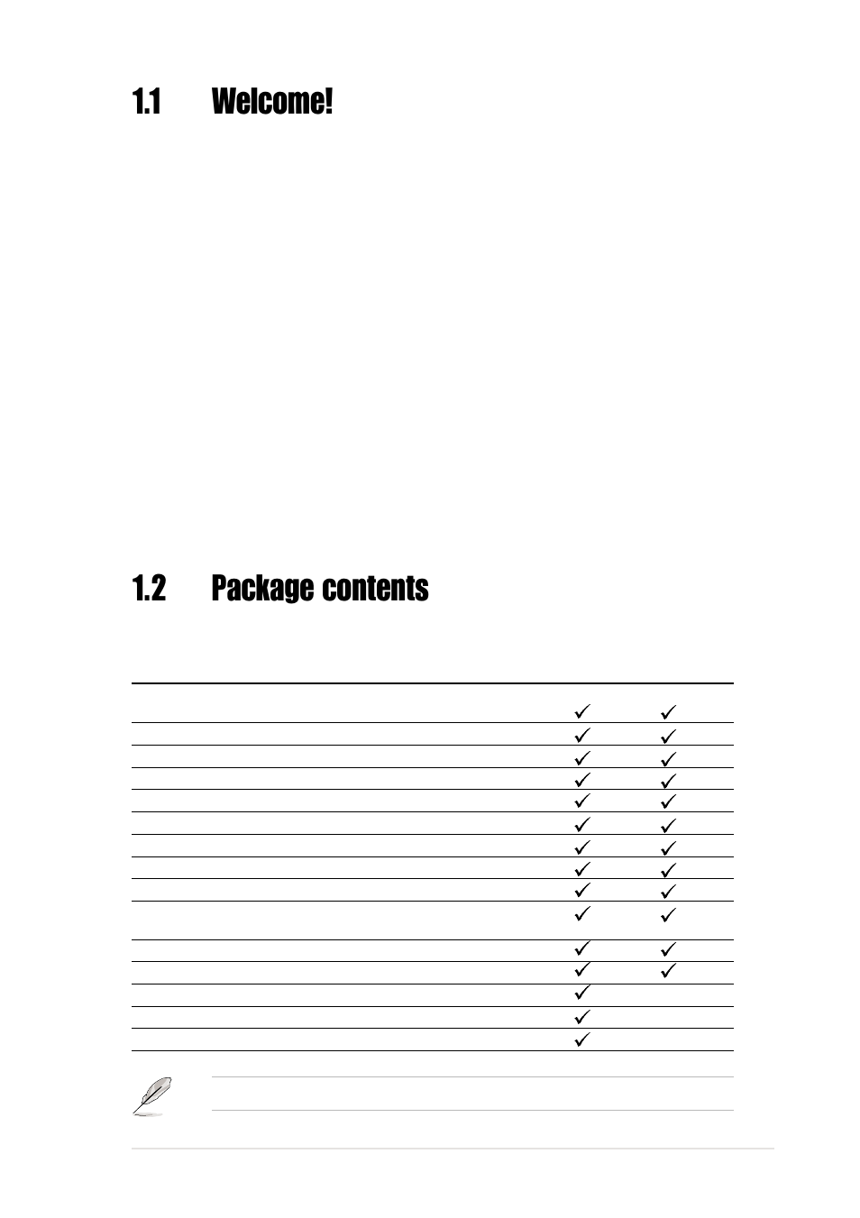 1 welcome, 2 package contents | Asus P4G8X User Manual | Page 15 / 136