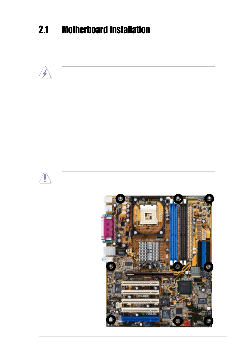 1 motherboard installation, 1 placement direction, 2 screw holes | Asus P4G8X User Manual | Page 27 / 136