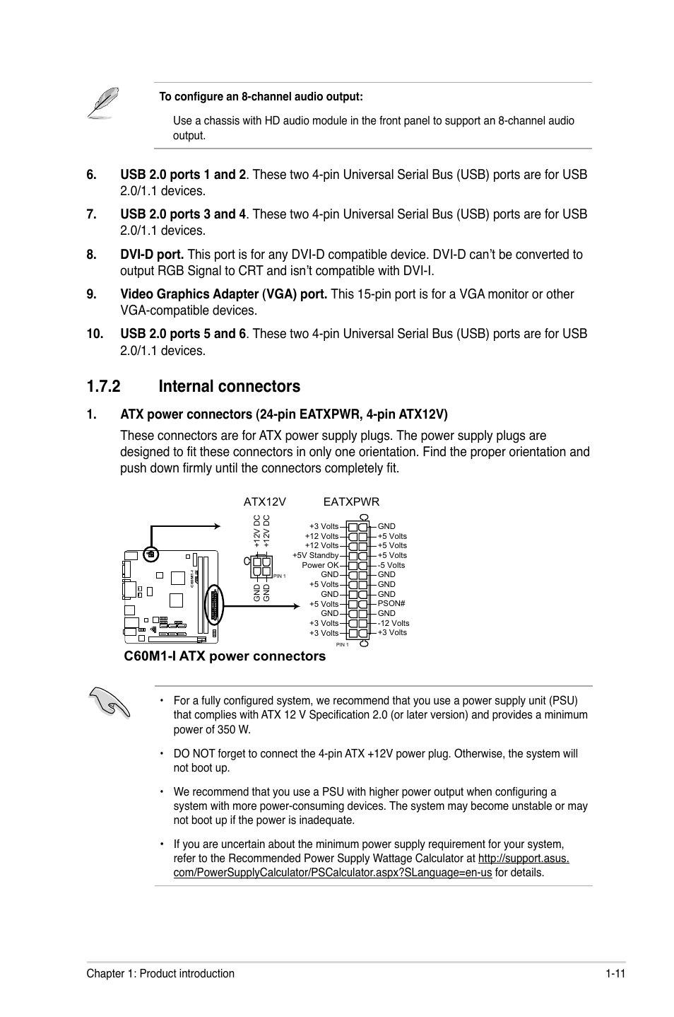 2 internal connectors, Internal connectors -11, C60m1-i atx power connectors | Asus C60M1-I User Manual | Page 21 / 54