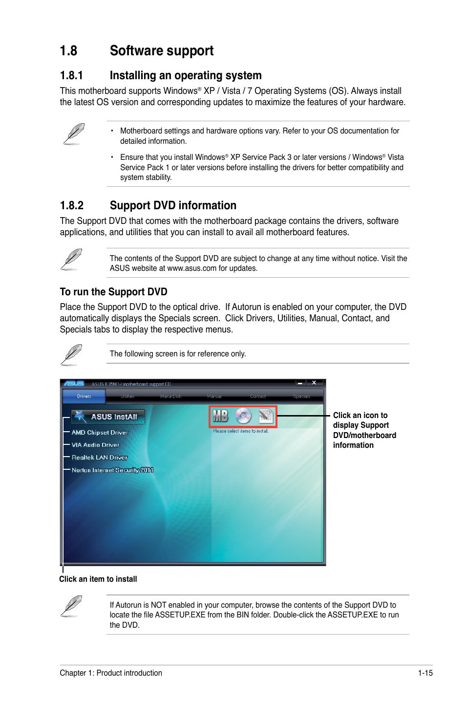 8 software support, 1 installing an operating system, 2 support dvd information | Software support -15 1.8.1, Installing an operating system -15, Support dvd information -15 | Asus C60M1-I User Manual | Page 25 / 54