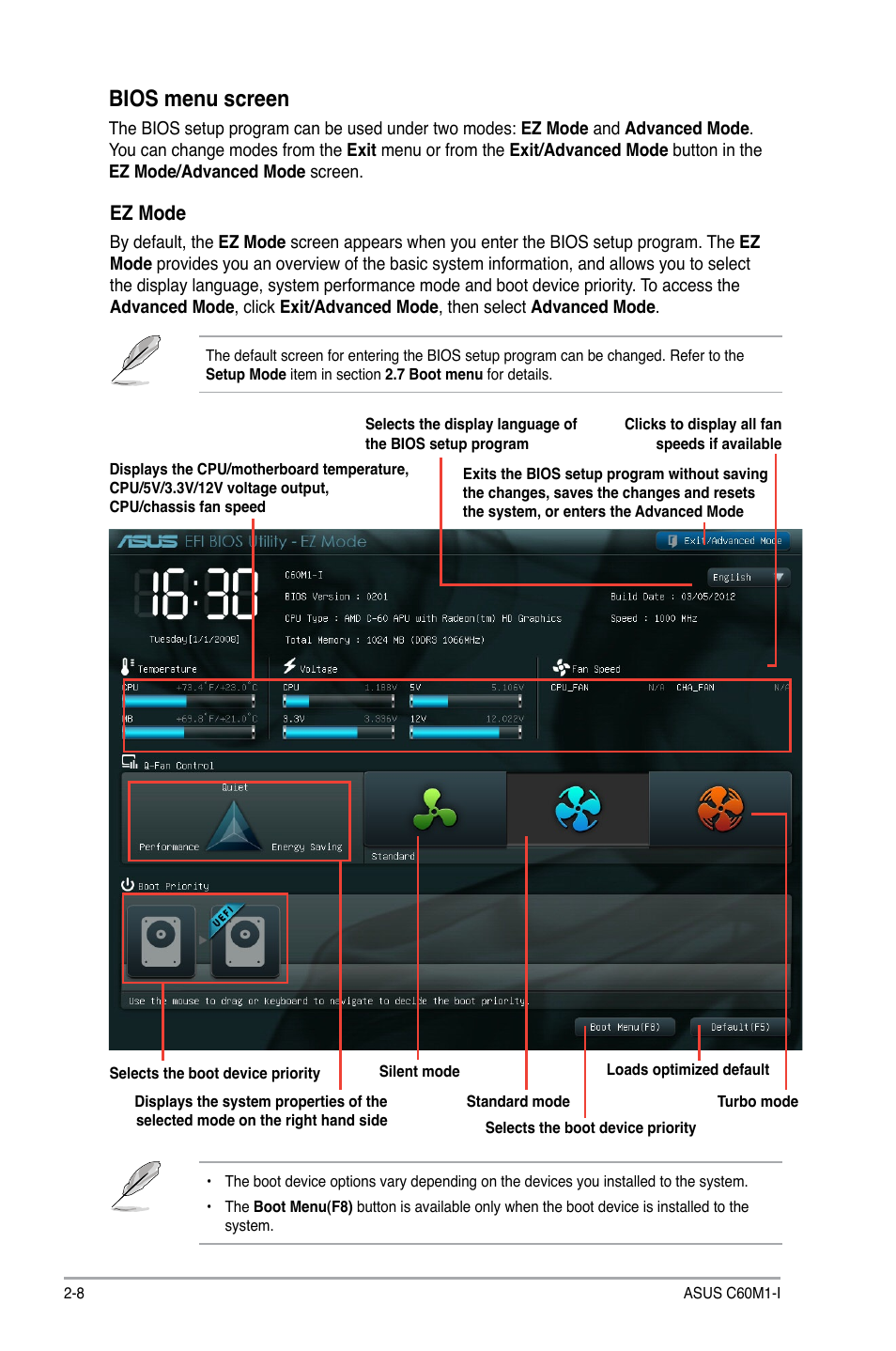 Bios menu screen, Ez mode | Asus C60M1-I User Manual | Page 34 / 54