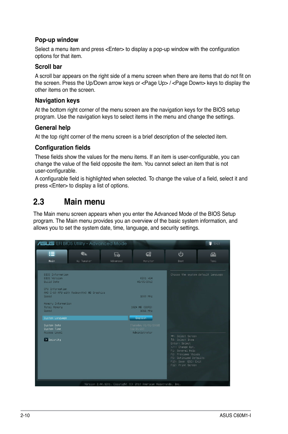 3 main menu, Main menu -10 | Asus C60M1-I User Manual | Page 36 / 54