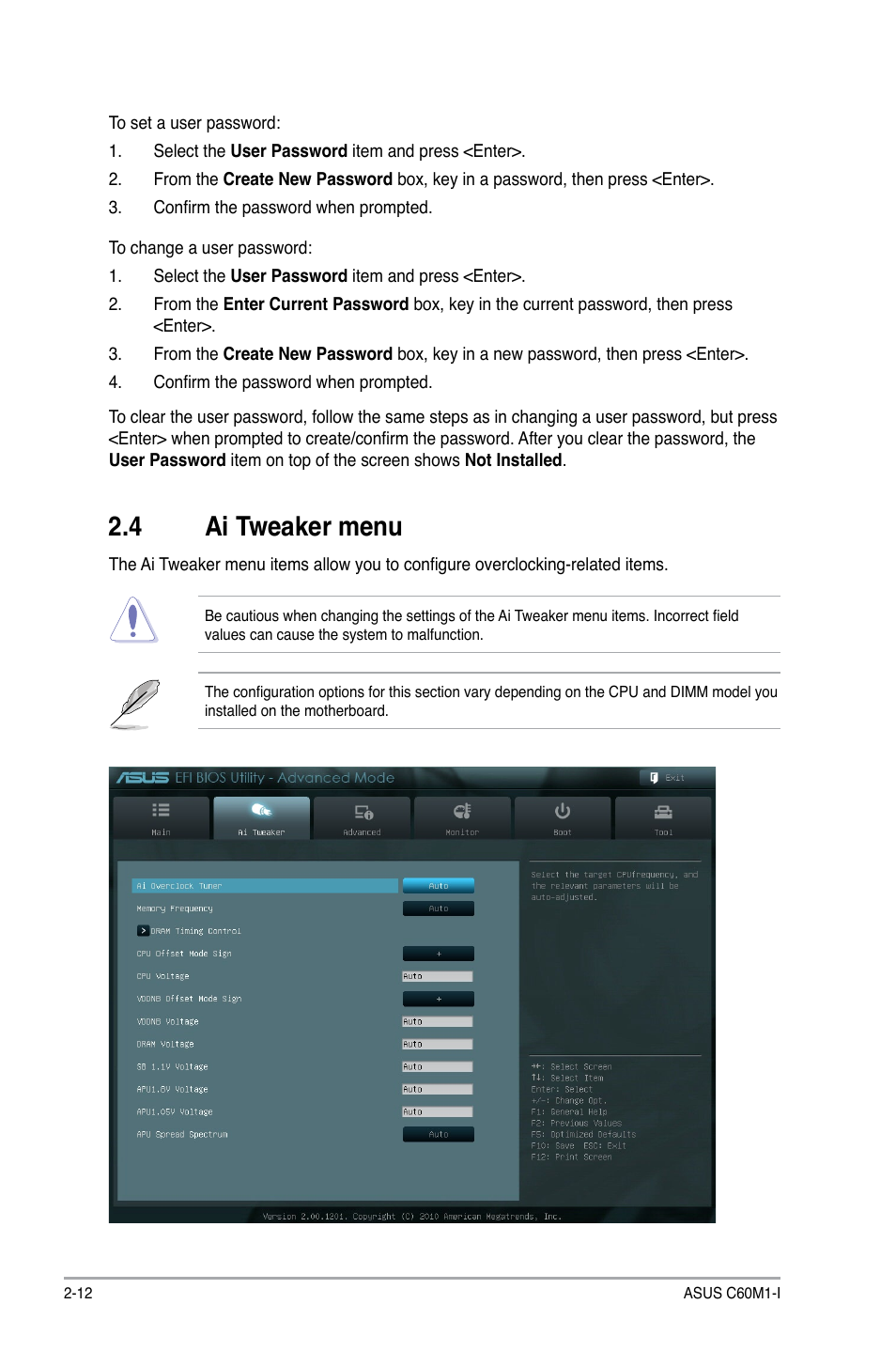 4 ai tweaker menu, Ai tweaker menu -12 | Asus C60M1-I User Manual | Page 38 / 54