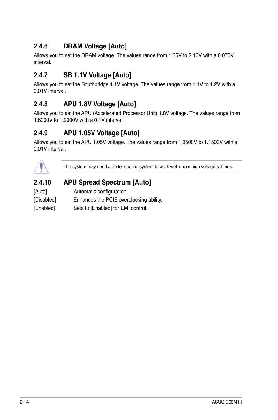 6 dram voltage [auto, 7 sb 1.1v voltage [auto, 8 apu 1.8v voltage [auto | 9 apu 1.05v voltage [auto, 10 apu spread spectrum [auto, Dram voltage [auto] -14, Sb 1.1v voltage [auto] -14, Apu 1.8v voltage [auto] -14, Apu 1.05v voltage [auto] -14, 10 apu spread spectrum [auto] -14 | Asus C60M1-I User Manual | Page 40 / 54