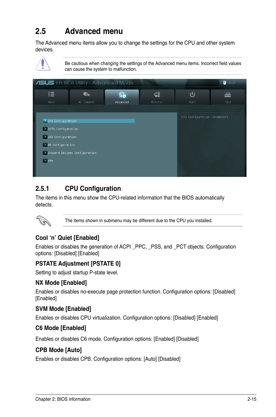 5 advanced menu, 1 cpu configuration, Advanced menu -15 2.5.1 | Cpu configuration -15 | Asus C60M1-I User Manual | Page 41 / 54