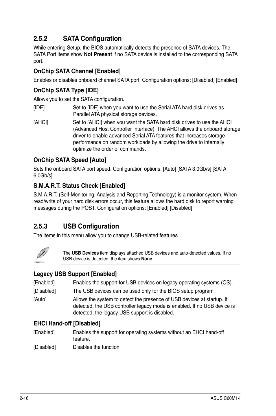 2 sata configuration, 3 usb configuration, Sata configuration -16 | Usb configuration -16 | Asus C60M1-I User Manual | Page 42 / 54