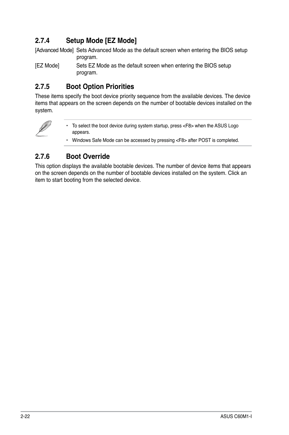 4 setup mode [ez mode, 5 boot option priorities, 6 boot override | Setup mode [ez mode] -22, Boot option priorities -22, Boot override -22 | Asus C60M1-I User Manual | Page 48 / 54