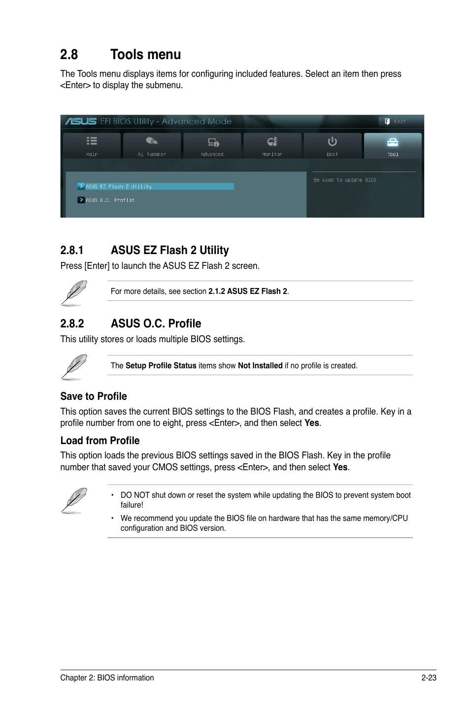 8 tools menu, 1 asus ez flash 2 utility, 2 asus o.c. profile | Tools menu -23 2.8.1, Asus ez flash 2 utility -23, Asus o.c. profile -23 | Asus C60M1-I User Manual | Page 49 / 54