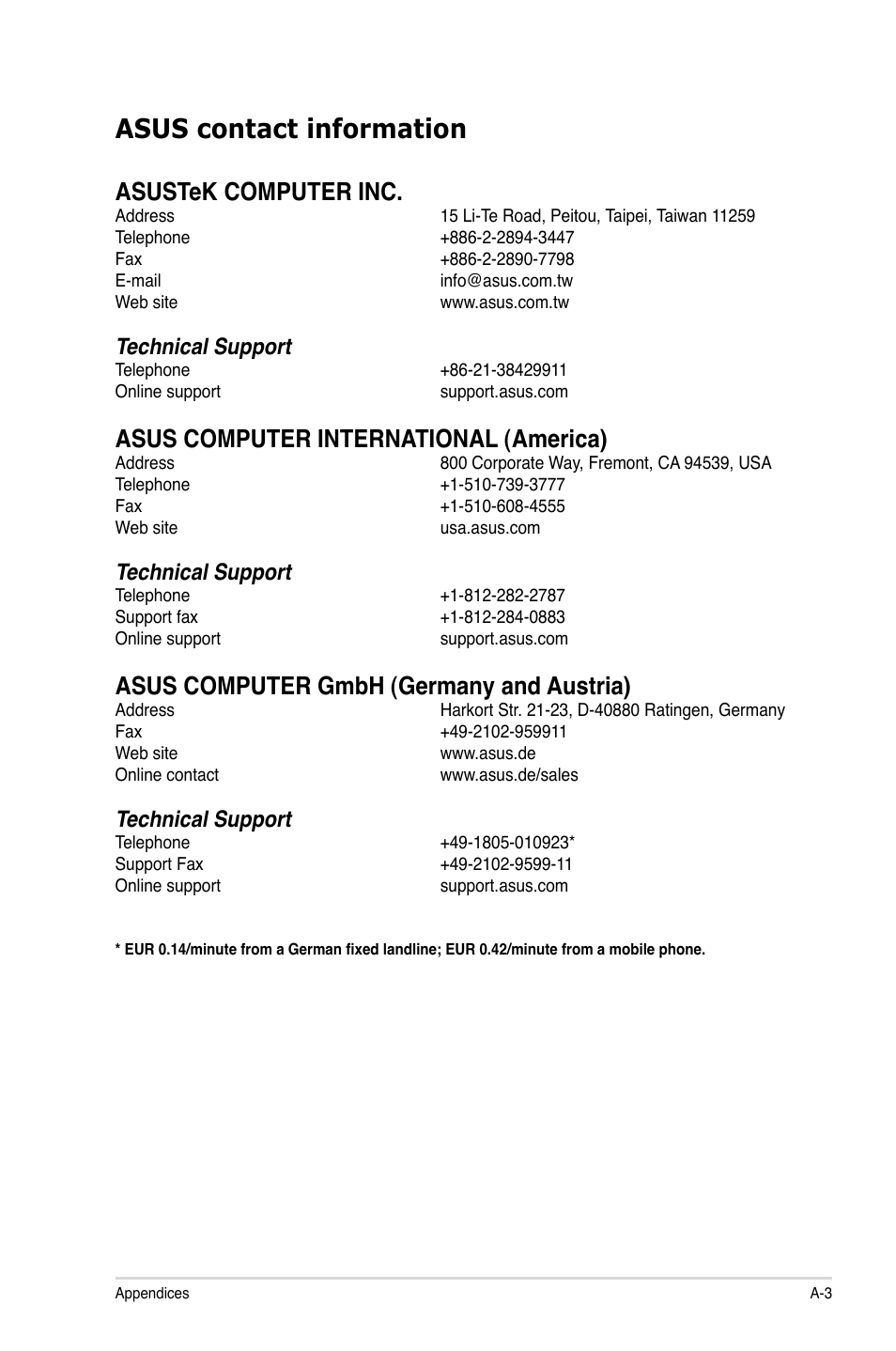 Asus contact information, Asustek computer inc, Asus computer international (america) | Asus computer gmbh (germany and austria), Technical support | Asus C60M1-I User Manual | Page 53 / 54