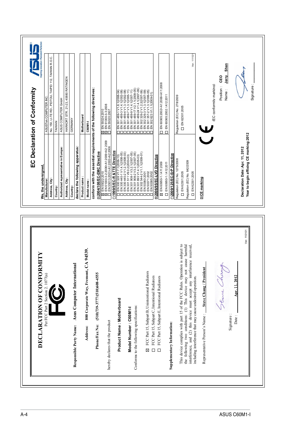 Ec declaration of conformity, Declaration of conformity, A-4 asus c60m1-i | Asu s c om pu te r in te rn at io na l | Asus C60M1-I User Manual | Page 54 / 54