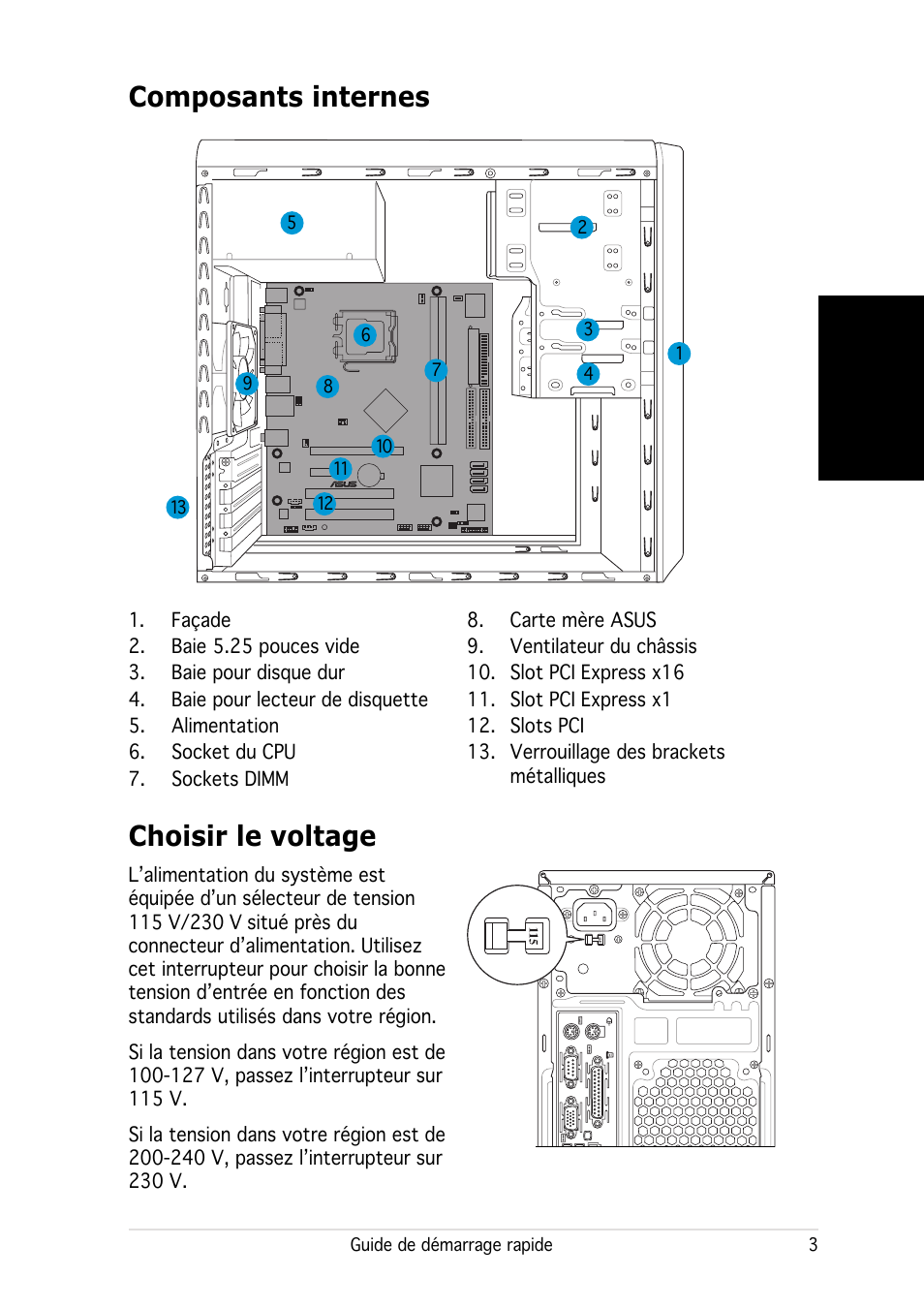 Composants internes, Choisir le voltage, Français | Asus V2-PH2 User Manual | Page 11 / 80