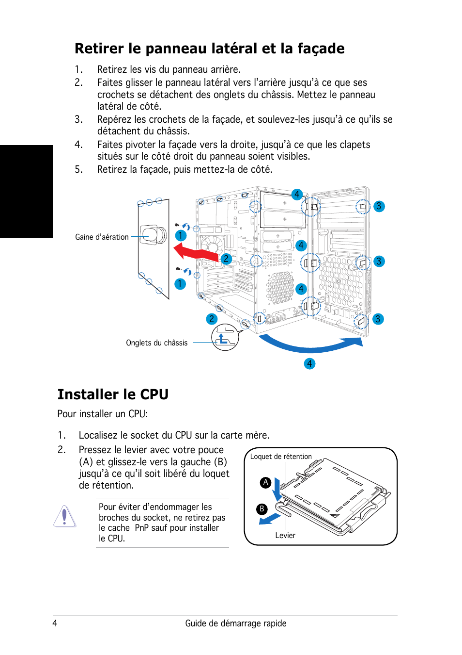 Retirer le panneau latéral et la façade, Installer le cpu, Français | Asus V2-PH2 User Manual | Page 12 / 80