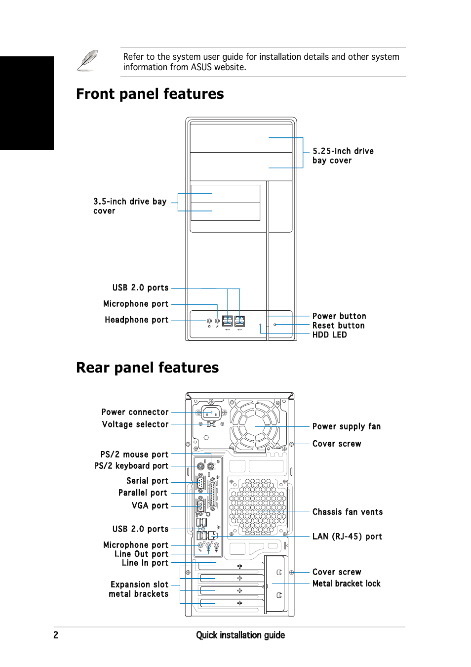 Rear panel features front panel features, English | Asus V2-PH2 User Manual | Page 2 / 80