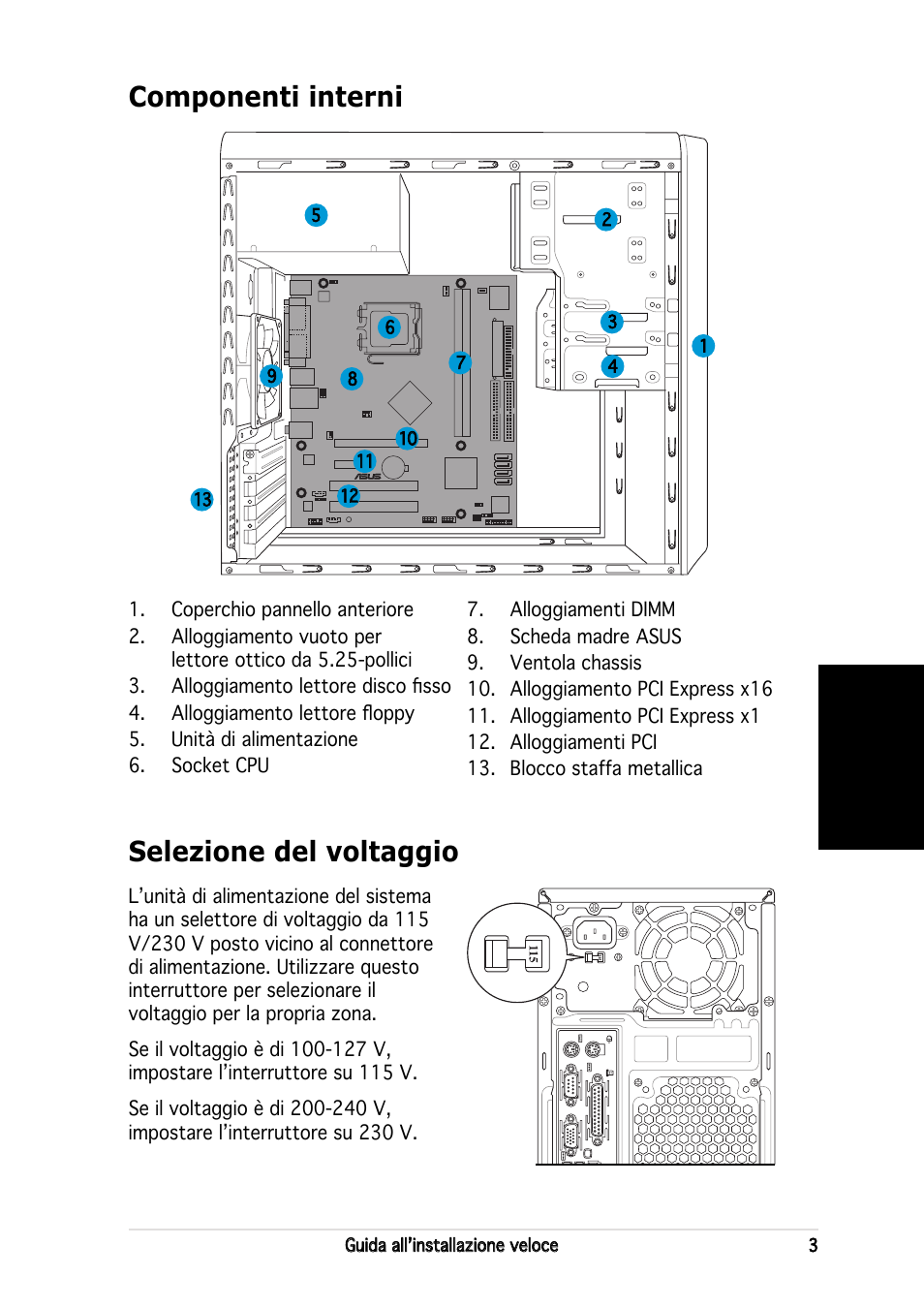 Componenti interni, Selezione del voltaggio, Italiano | Asus V2-PH2 User Manual | Page 27 / 80