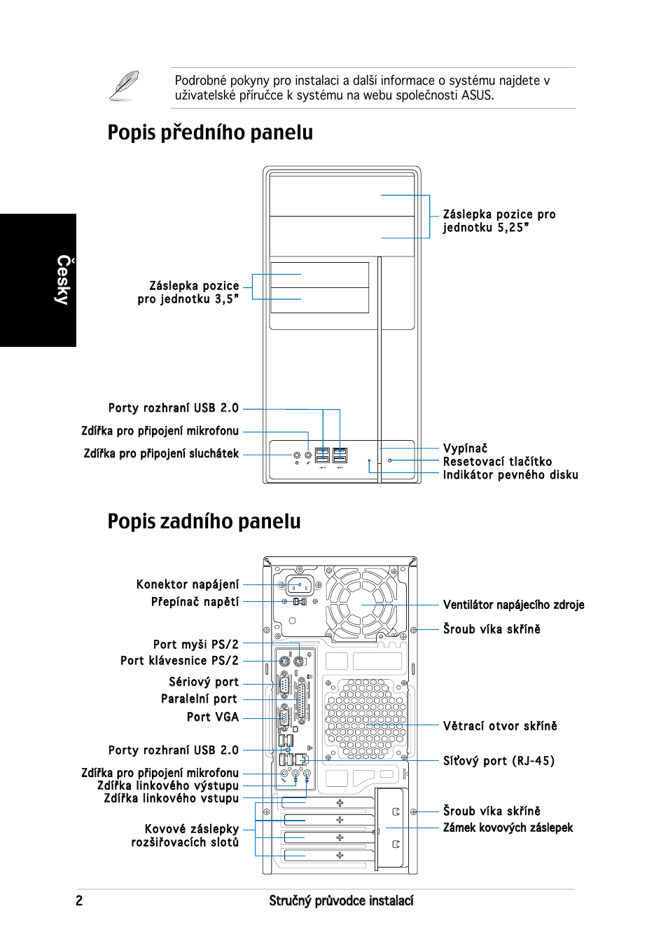 Popis zadního panelu popis předního panelu, Česky | Asus V2-PH2 User Manual | Page 58 / 80