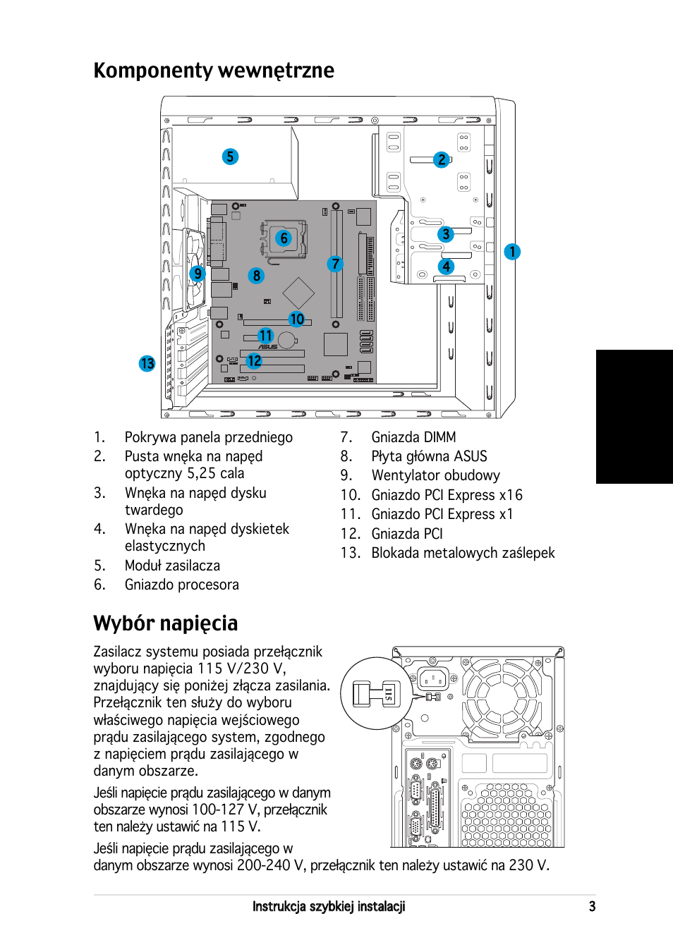 Komponenty wewnętrzne, Wybór napięcia, Polski | Asus V2-PH2 User Manual | Page 67 / 80