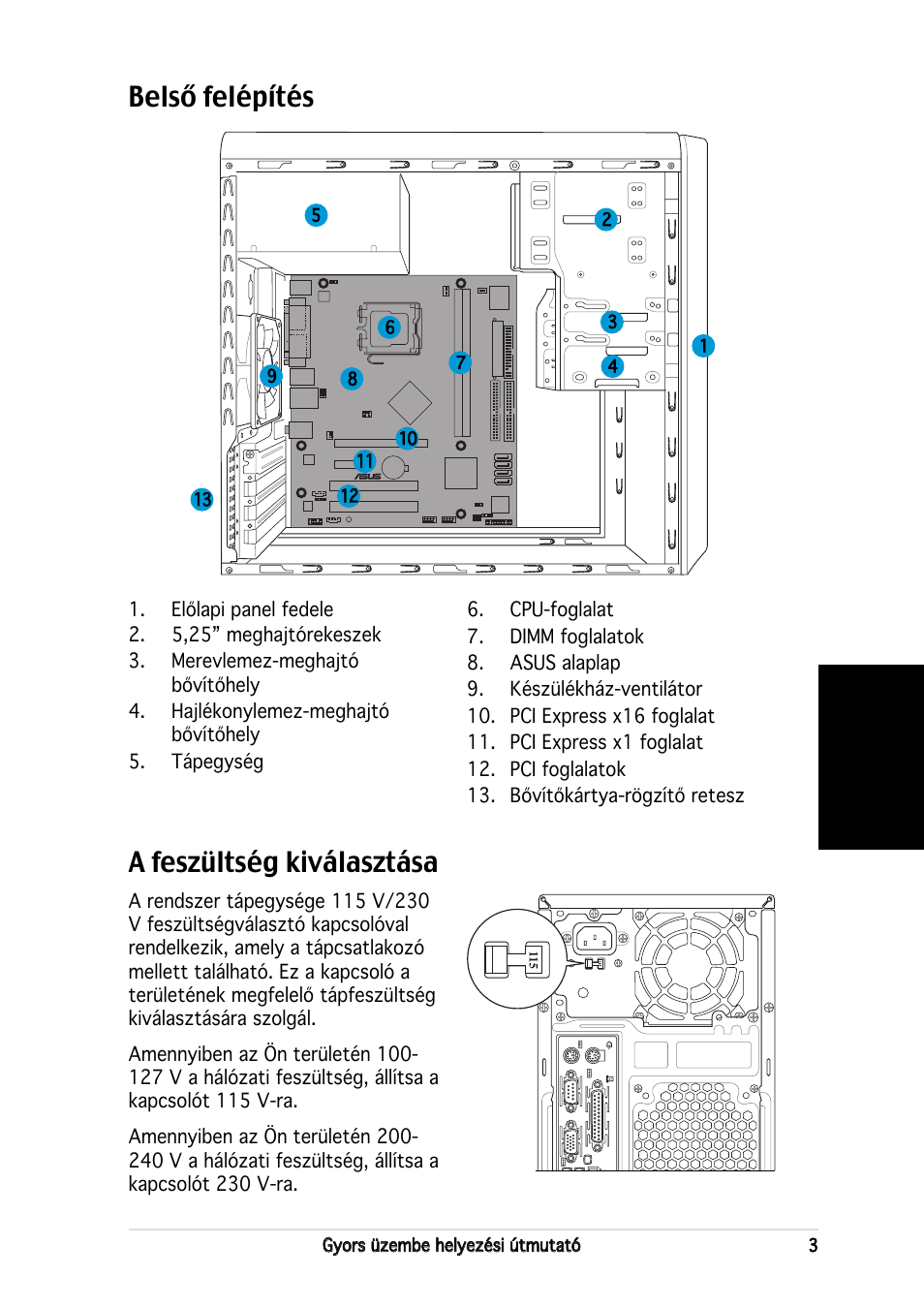 Belső felépítés, A feszültség kiválasztása, Magyar | Asus V2-PH2 User Manual | Page 75 / 80