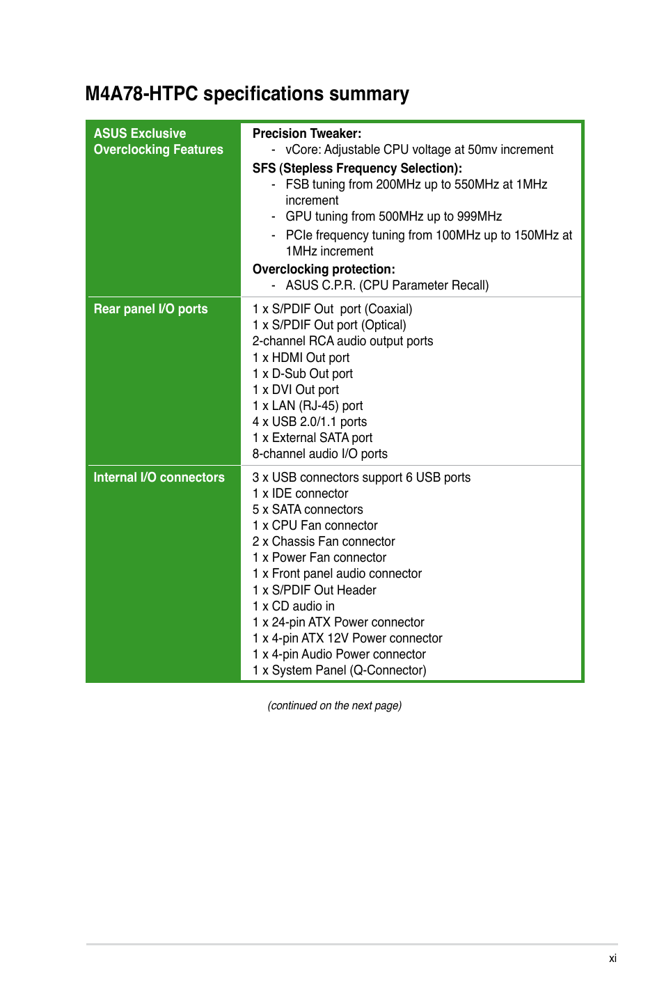 M4a78-htpc specifications summary | Asus M4A78-HTPC/RC User Manual | Page 11 / 68