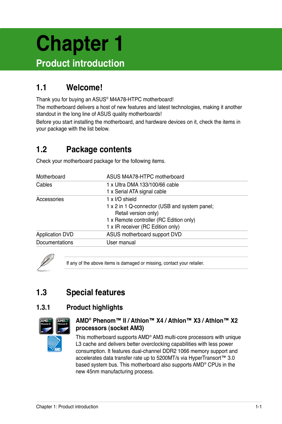 Chapter 1 product introduction, 1 welcome, 2 package contents | 3 special features, 1 product highlights, Chapter 1, Product introduction, Welcome! -1, Package contents -1, Special features -1 1.3.1 | Asus M4A78-HTPC/RC User Manual | Page 13 / 68