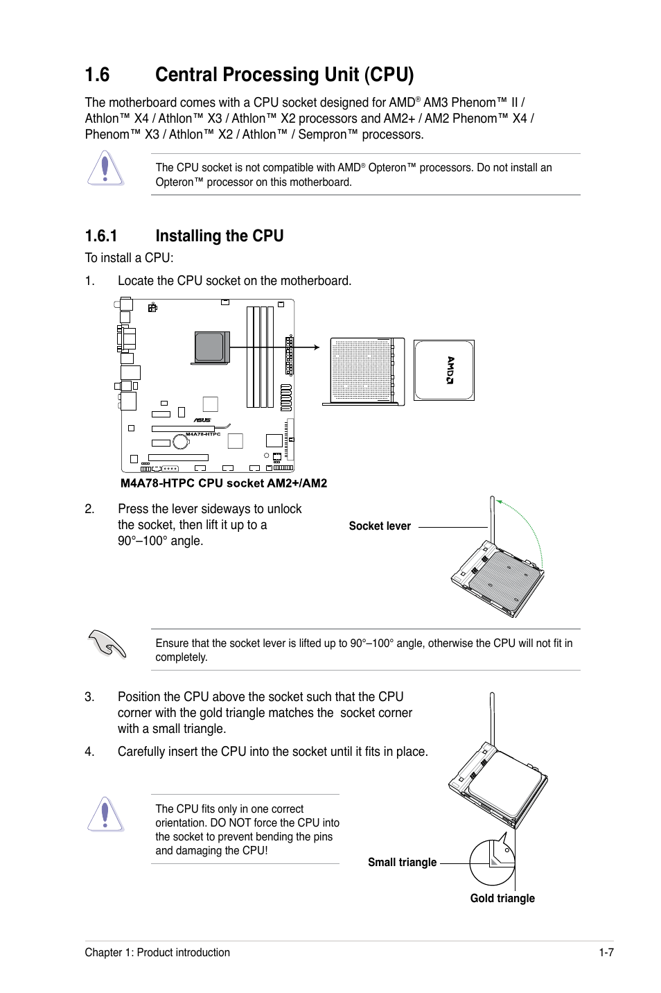 6 central processing unit (cpu), 1 installing the cpu, Central processing unit (cpu) -7 1.6.1 | Installing the cpu -7 | Asus M4A78-HTPC/RC User Manual | Page 19 / 68