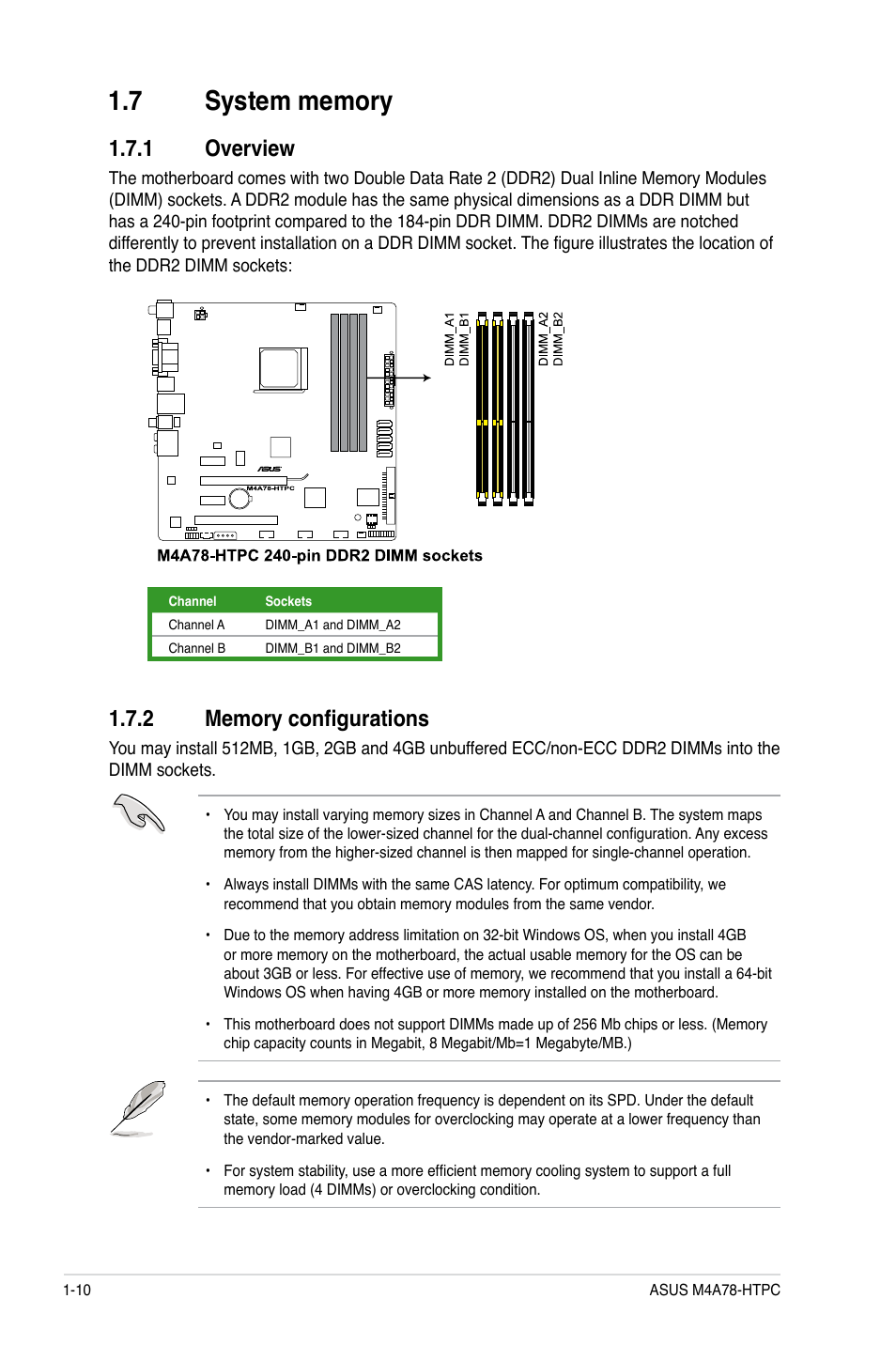 7 system memory, 1 overview, 2 memory configurations | System memory -10 1.7.1, Overview -10, Memory configurations -10 | Asus M4A78-HTPC/RC User Manual | Page 22 / 68