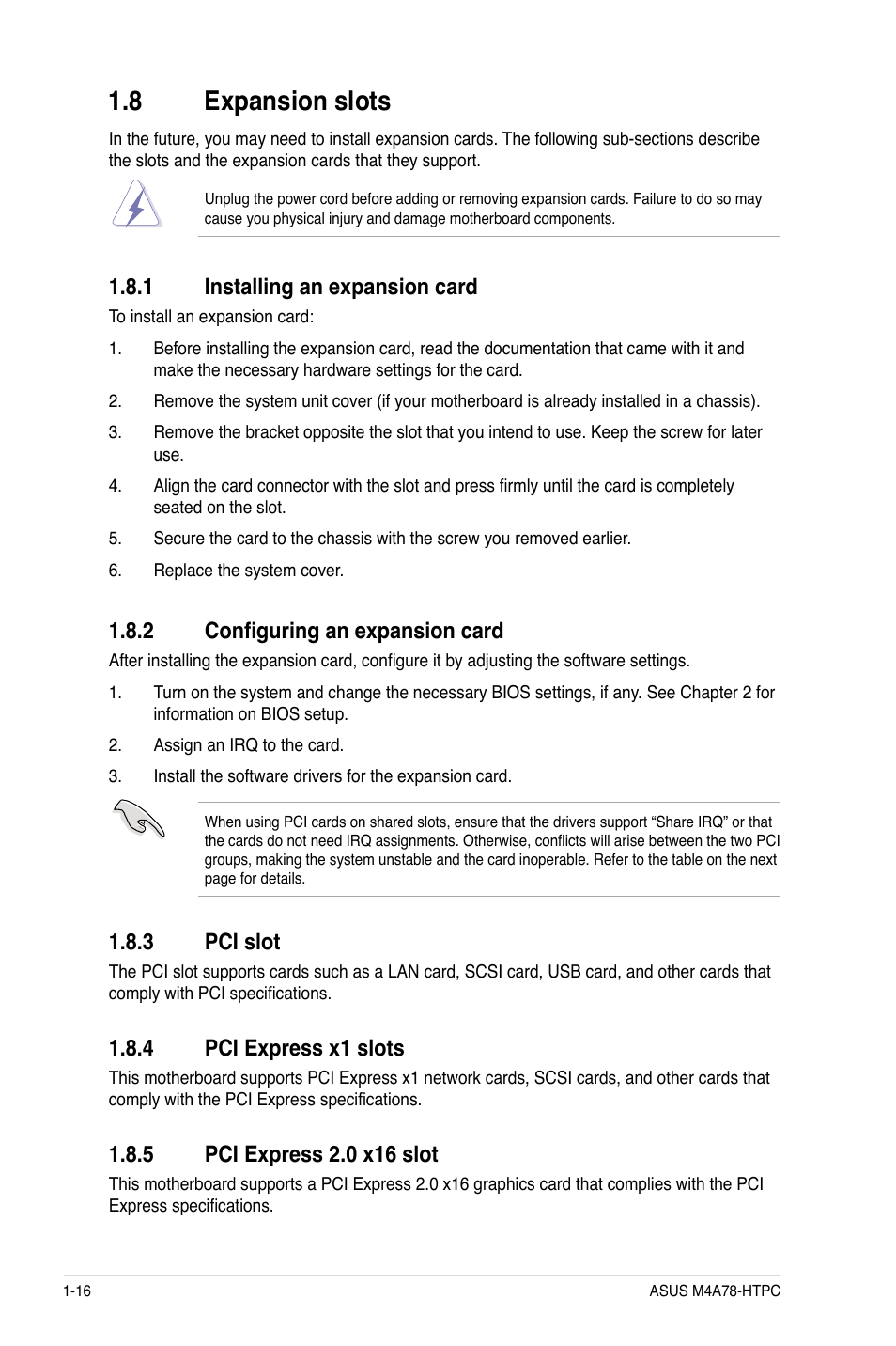 8 expansion slots, 1 installing an expansion card, 2 configuring an expansion card | 3 pci slot, 4 pci express x1 slots, 5 pci express 2.0 x16 slot, Expansion slots -16 1.8.1, Installing an expansion card -16, Configuring an expansion card -16, Pci slot -16 | Asus M4A78-HTPC/RC User Manual | Page 28 / 68