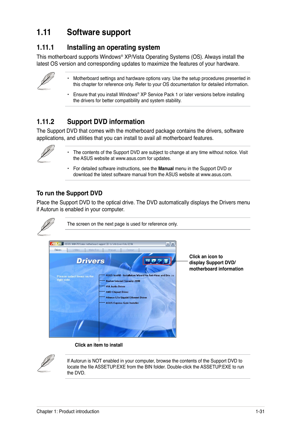 11 software support, 1 installing an operating system, 2 support dvd information | 11 software support -31 | Asus M4A78-HTPC/RC User Manual | Page 43 / 68