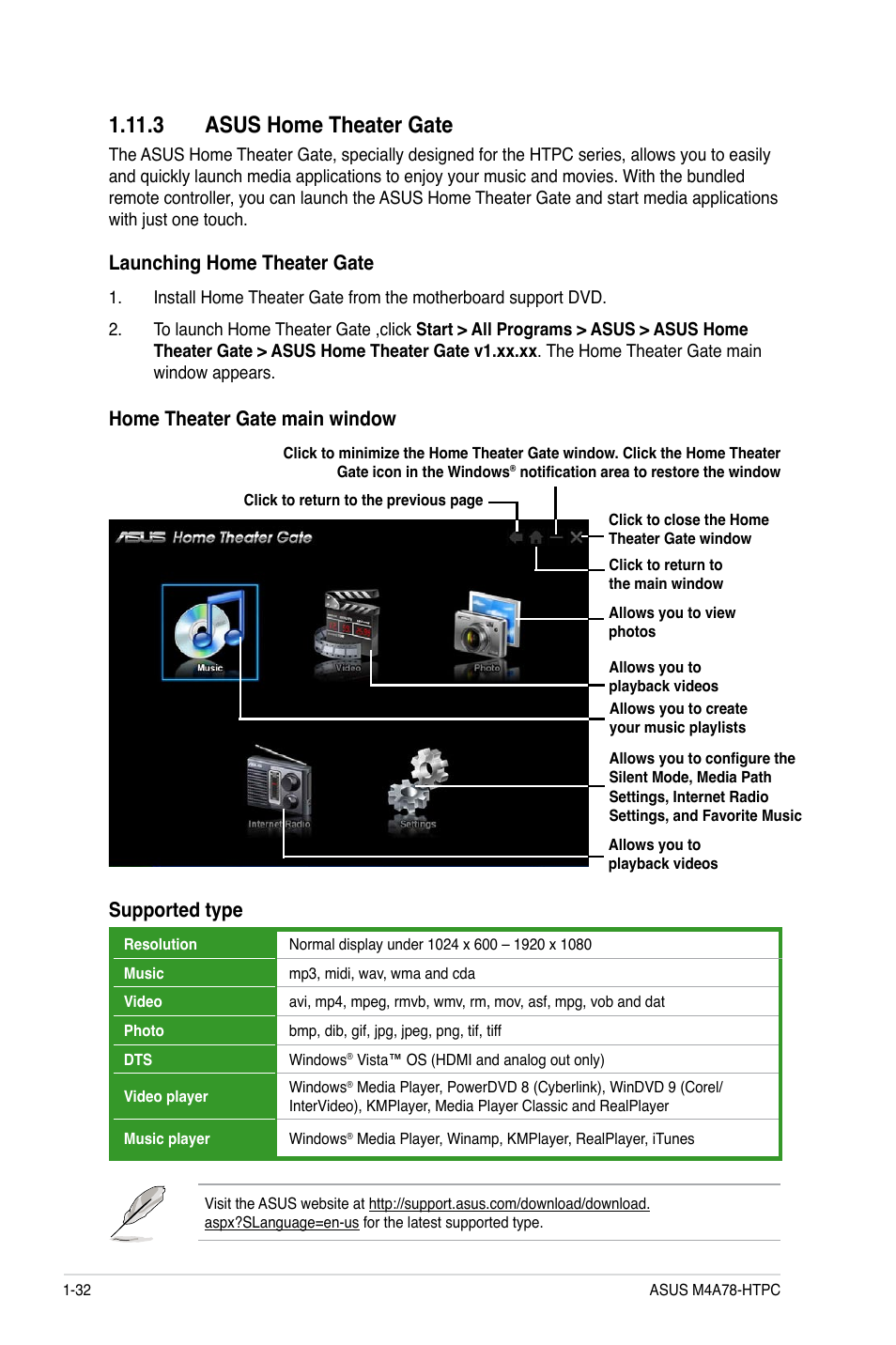 3 asus home theater gate, 3 asus home theater gate -32, Launching home theater gate | Home theater gate main window, Supported type | Asus M4A78-HTPC/RC User Manual | Page 44 / 68