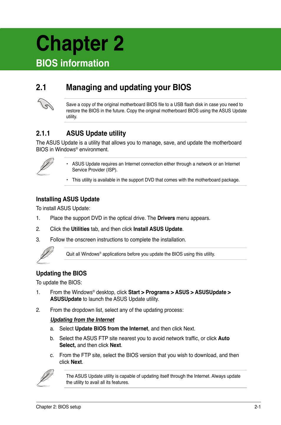 Chapter 2 bios information, 1 managing and updating your bios, 1 asus update utility | Chapter 2, Bios information, Managing and updating your bios -1 2.1.1, Asus update utility -1 | Asus M4A78-HTPC/RC User Manual | Page 47 / 68