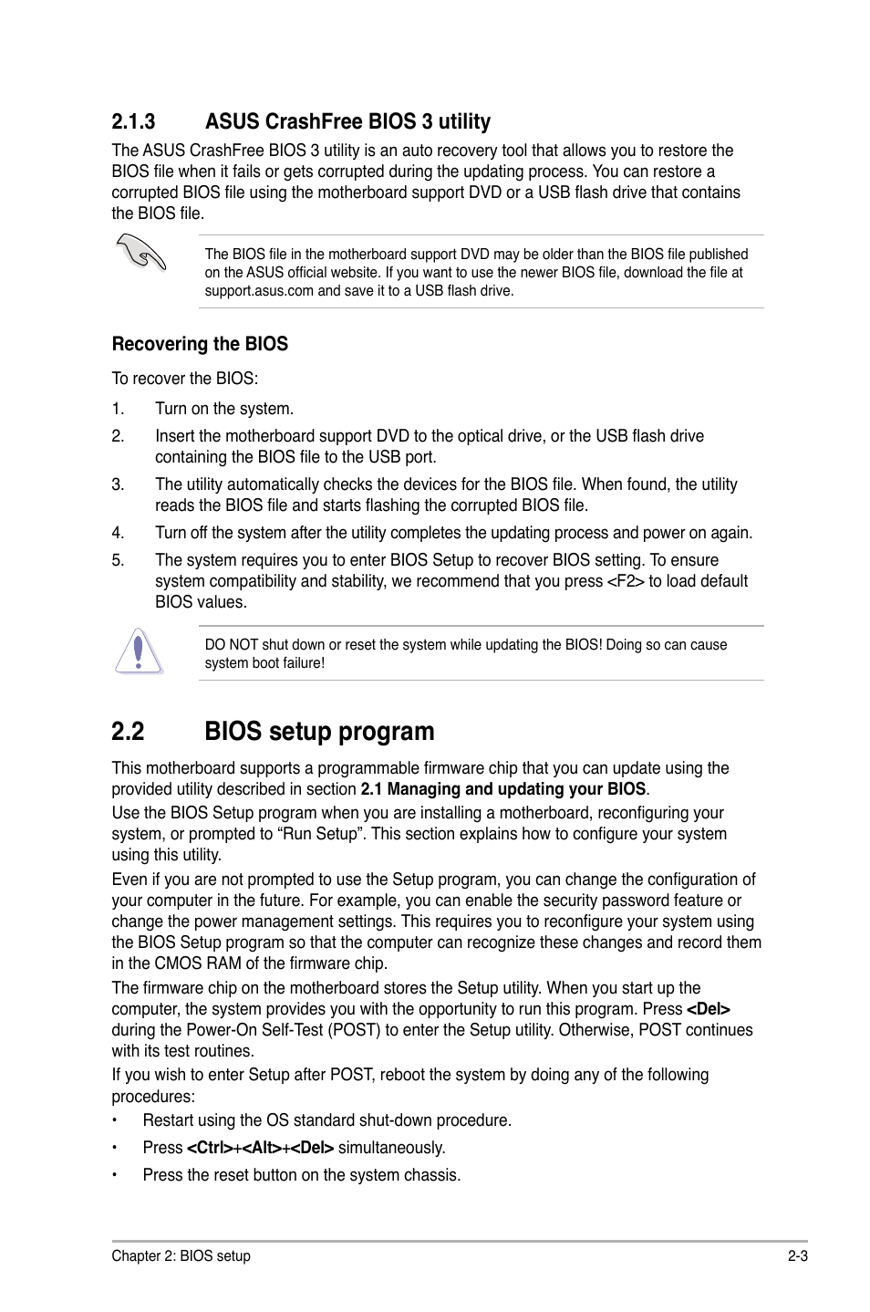 3 asus crashfree bios 3 utility, 2 bios setup program, Asus crashfree bios 3 utility -3 | Bios setup program -3 | Asus M4A78-HTPC/RC User Manual | Page 49 / 68