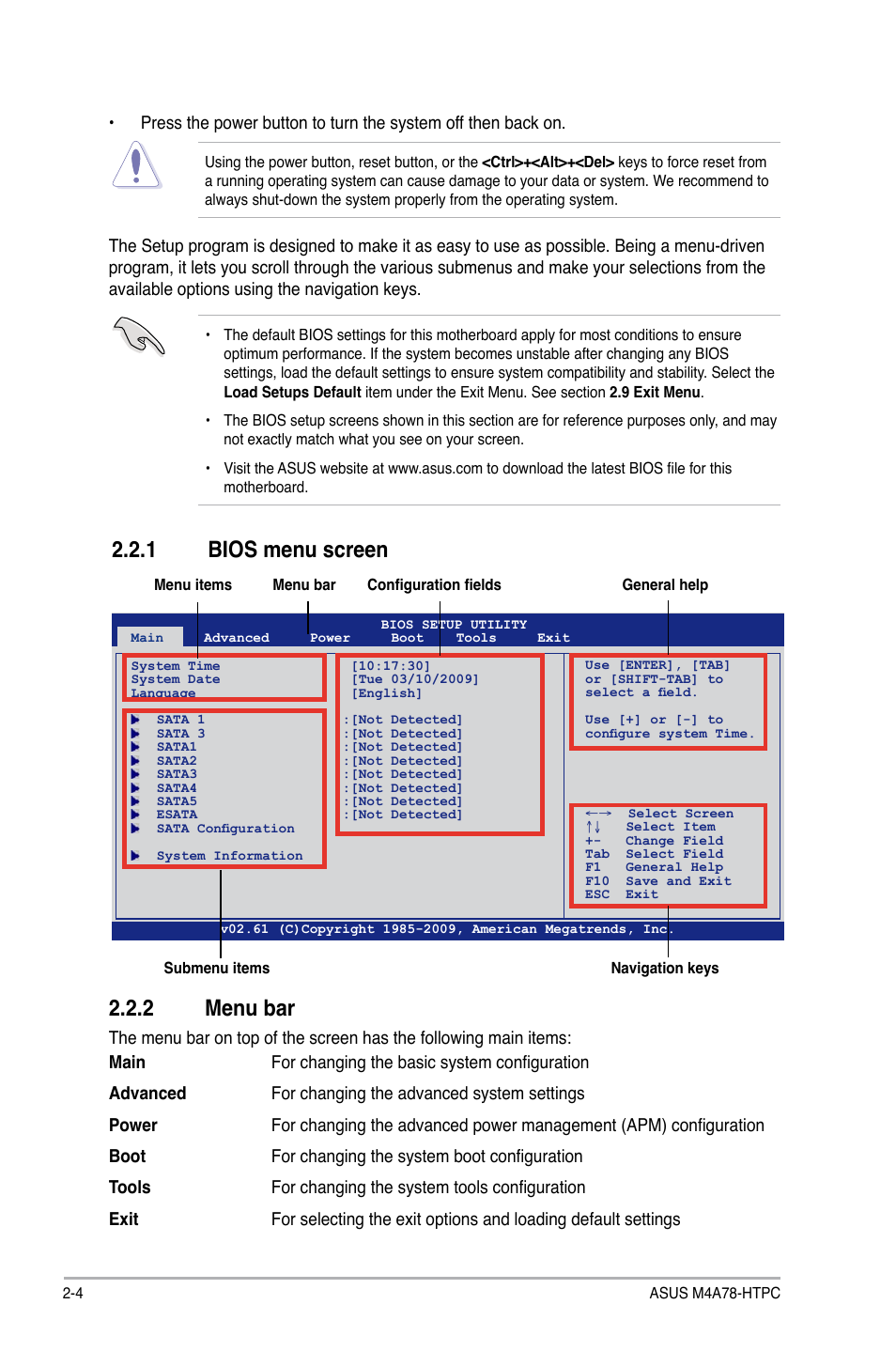 1 bios menu screen, 2 menu bar, Bios menu screen -4 | Menu bar -4, 1 bios menu screen 2.2.2 menu bar | Asus M4A78-HTPC/RC User Manual | Page 50 / 68